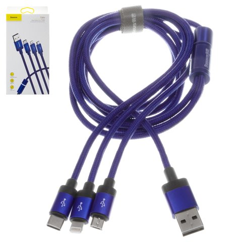 USB кабель Baseus Data Faction, USB тип C, USB тип A, micro USB тип B, Lightning, 120 см, 3,5 А, синій, в нейлоновому обплетенні, 3 в 1, #CAMLT PY03
