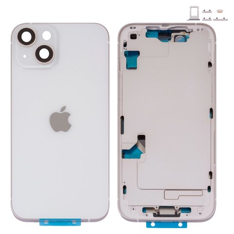 Housing compatible with iPhone 14, white, with SIM card holders, with side buttons, Original PRC , EU Version, starlight 