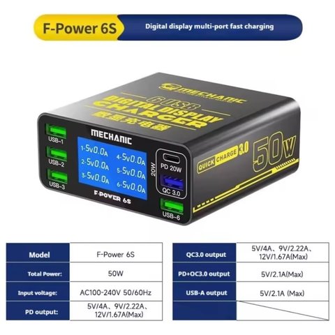 Mains Charger Mechanic F Power 6S, 50 W, Quick Charge, Power Delivery PD , 6 outputs 