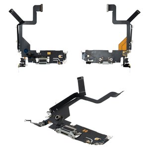 Flat Cable compatible with iPhone 14 Pro, charge connector, gray, with microphone, with components, Original PRC , silver 
