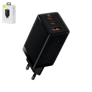 Adaptador de red Baseus GaN3 Pro, 65 W, Quick Charge, negro, con cable USB tipo C USB tipo C, 3 puertos, #CCGP050101