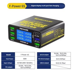 Adaptador de red Mechanic F Power 6S, 50 W, Quick Charge, Power Delivery PD , 6 puertos