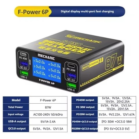 Adaptador de red Mechanic F Power 6P, 87 W, Quick Charge, Power Delivery PD , 6 puertos