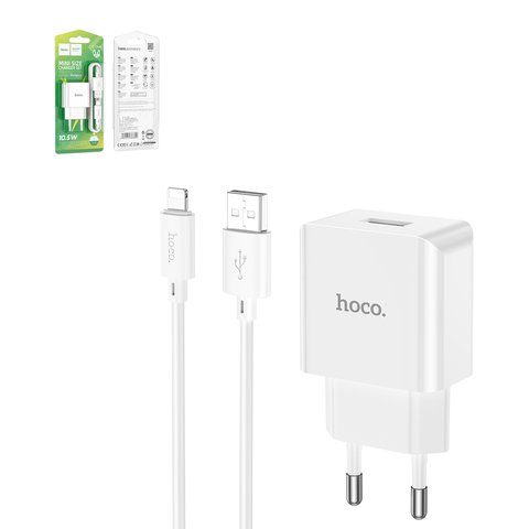 Мережевий зарядний пристрій Hoco C106A, 10,5 Вт, білий, з кабелем Lightning для Apple, 1 порт, #6931474783899