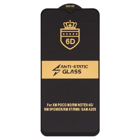 Защитное стекло ESD 6D для Xiaomi Poco M3, Redmi 9, Redmi 9T; Samsung A207 Galaxy A20s, совместимо с чехлом, Anti Static, без упаковки , черный